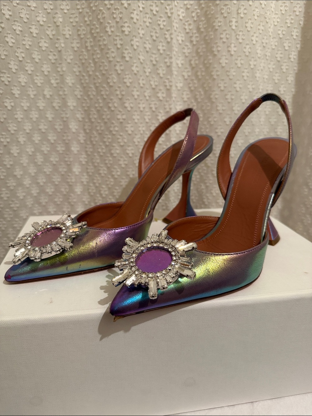 36.5 Amina Muaddi Iridescent rainbow Slingback heels with Crystal Brooch